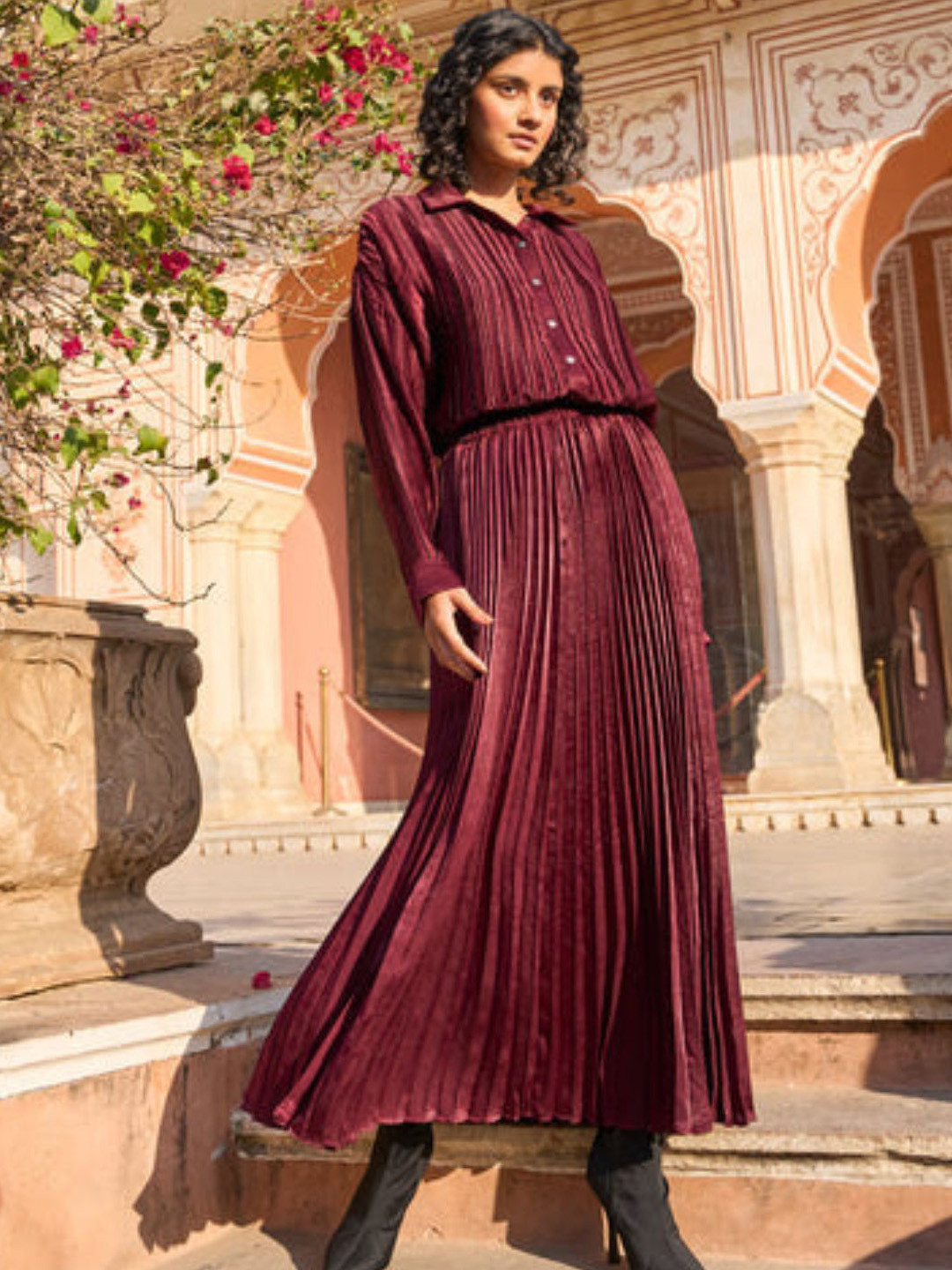Dash and Dot Burgundy Pleated Skirt Set
