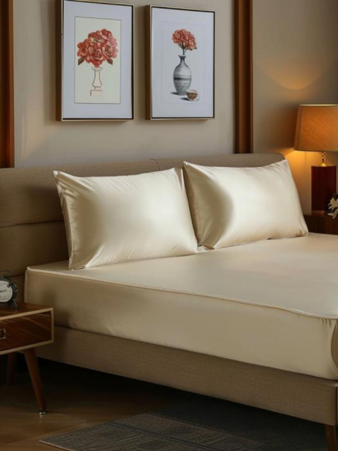 COOLBEDS Cream Solid Poly Satin 400 TC King Superfine Bedsheet with 2 Pillow Covers-182 x 203 cm