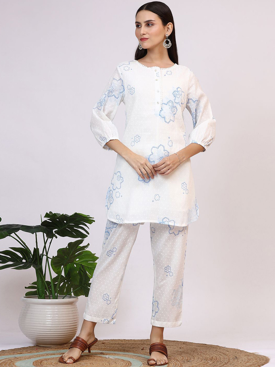 KRISHIKA KREATION Printed Pure Cotton Round Collar Neck Tunic With Trousers Co-Ords