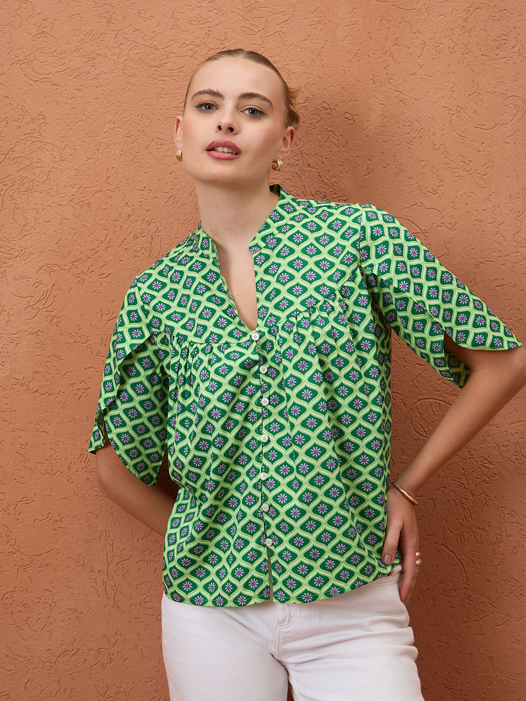 CORSICA Print Mandarin Collar Tulip Sleeve Shirt Style Top