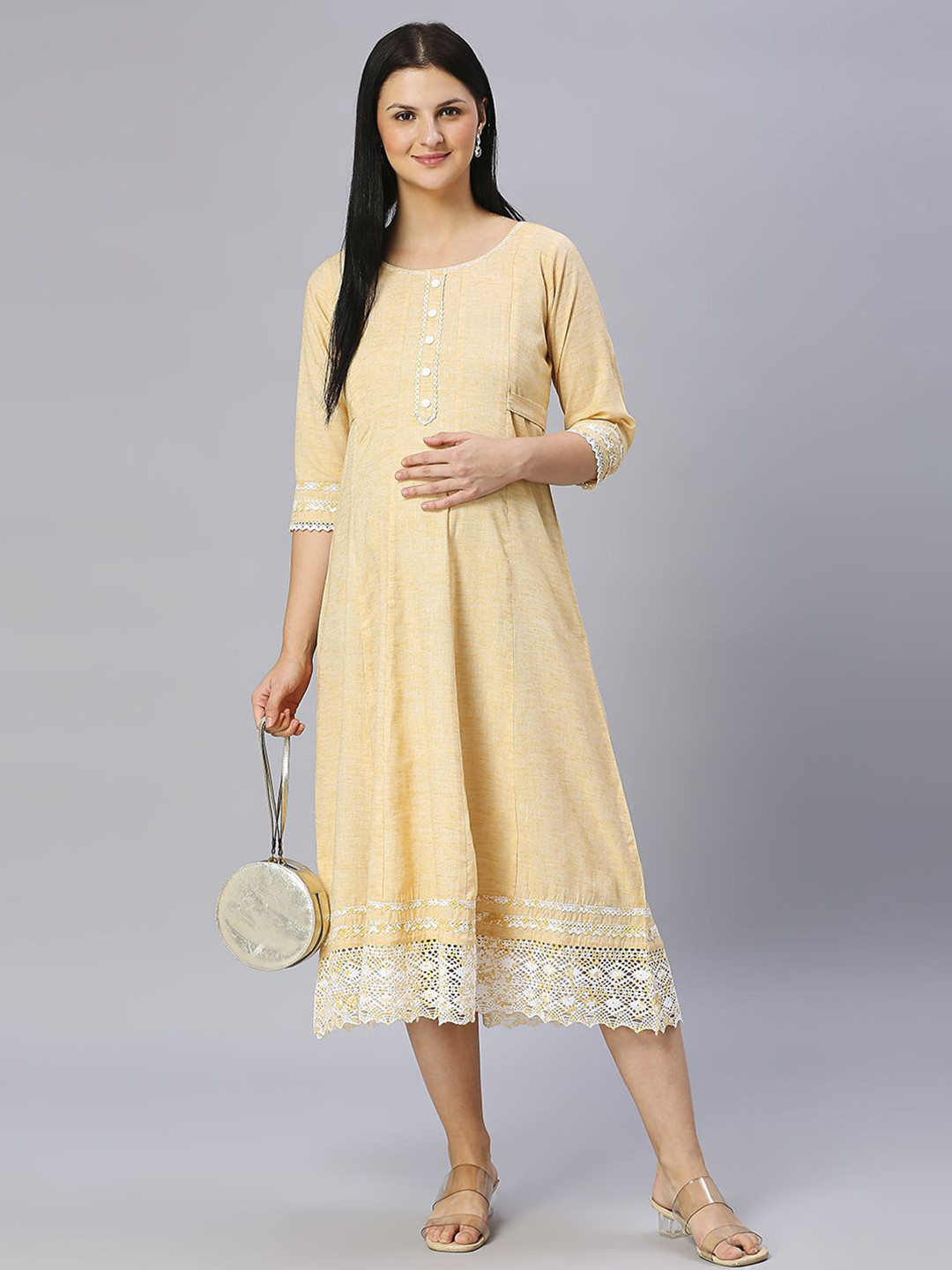 MORDEN MUSE Women Paisley Embellished Kantha Work Lace Frills Bows and Ruffles Maternity Anarkali Kurta