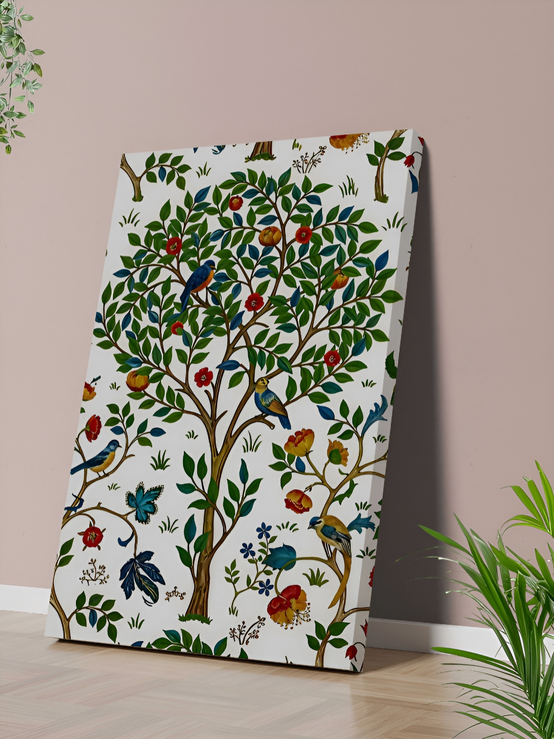 SAF Green & Red Tree of Life With Birds and Flowers Canvas Wall Painting