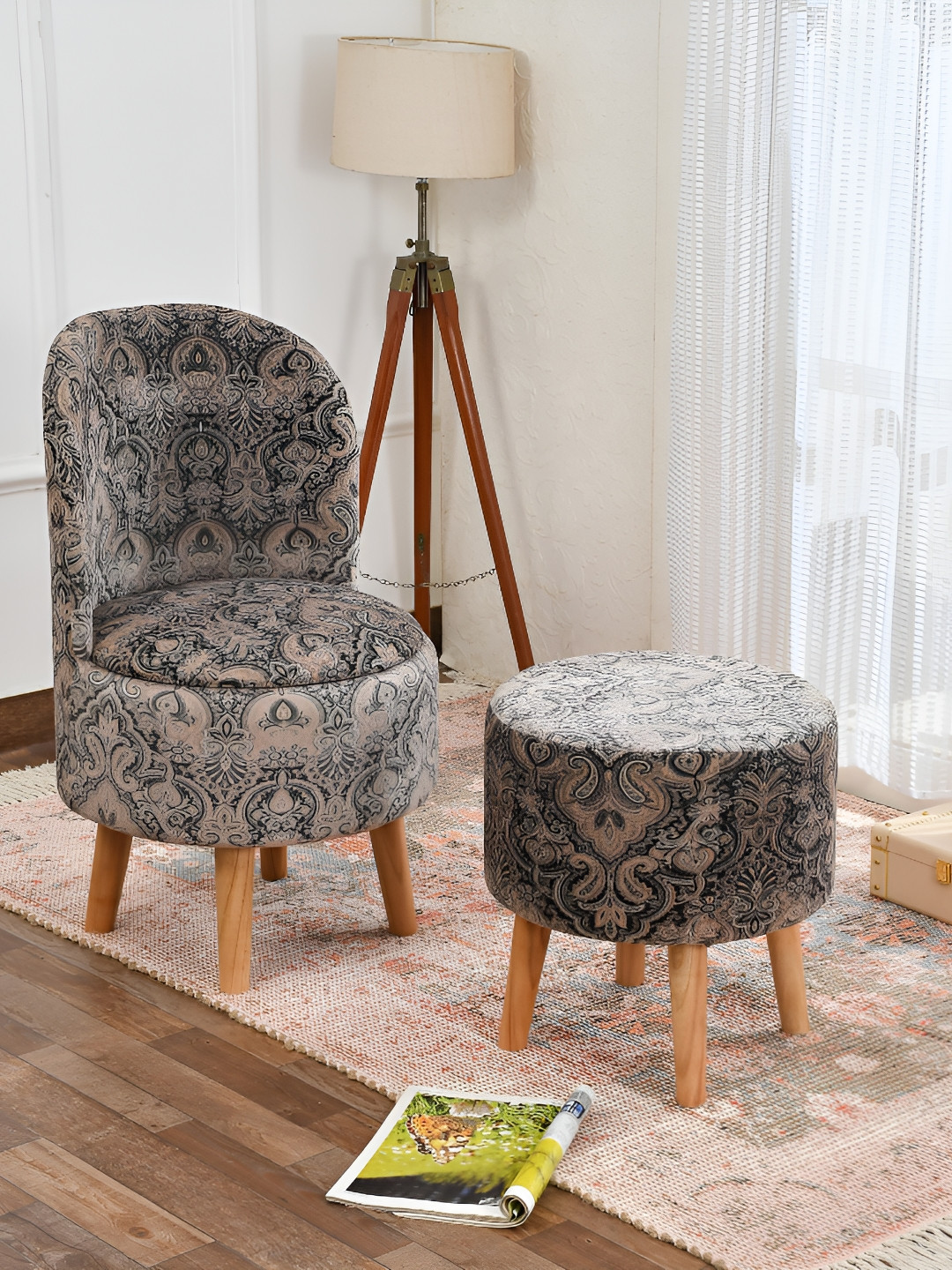 NACIA 2 Pieces Black & Beige Printed Cylindrical and Round Shape Wooden Ottomans