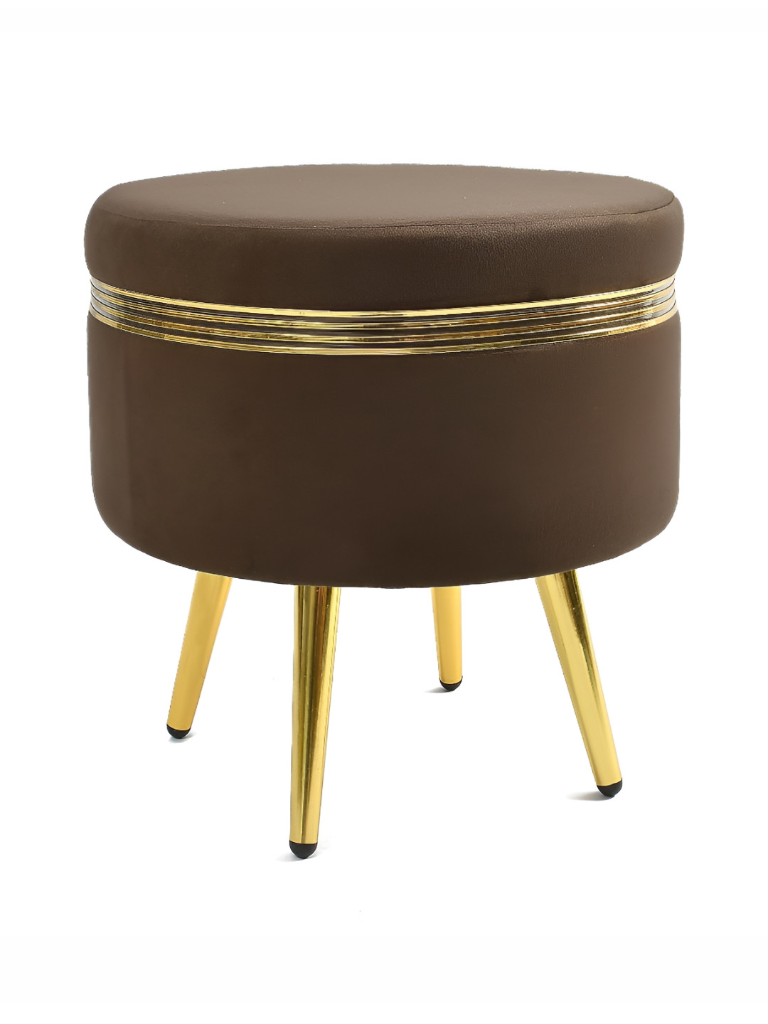 NACIA Brown And Gold Toned Printed Round Wooden Ottoman Pouffes Stool