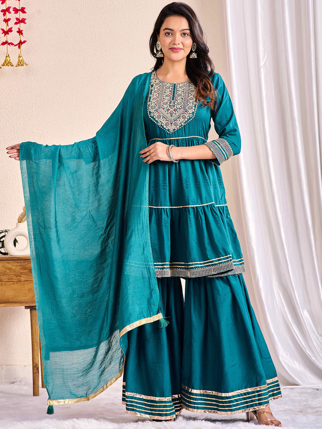 Yavie Floral Embroidered Round Neck Sequinned Anarkali Kurta With Sharara & Dupatta