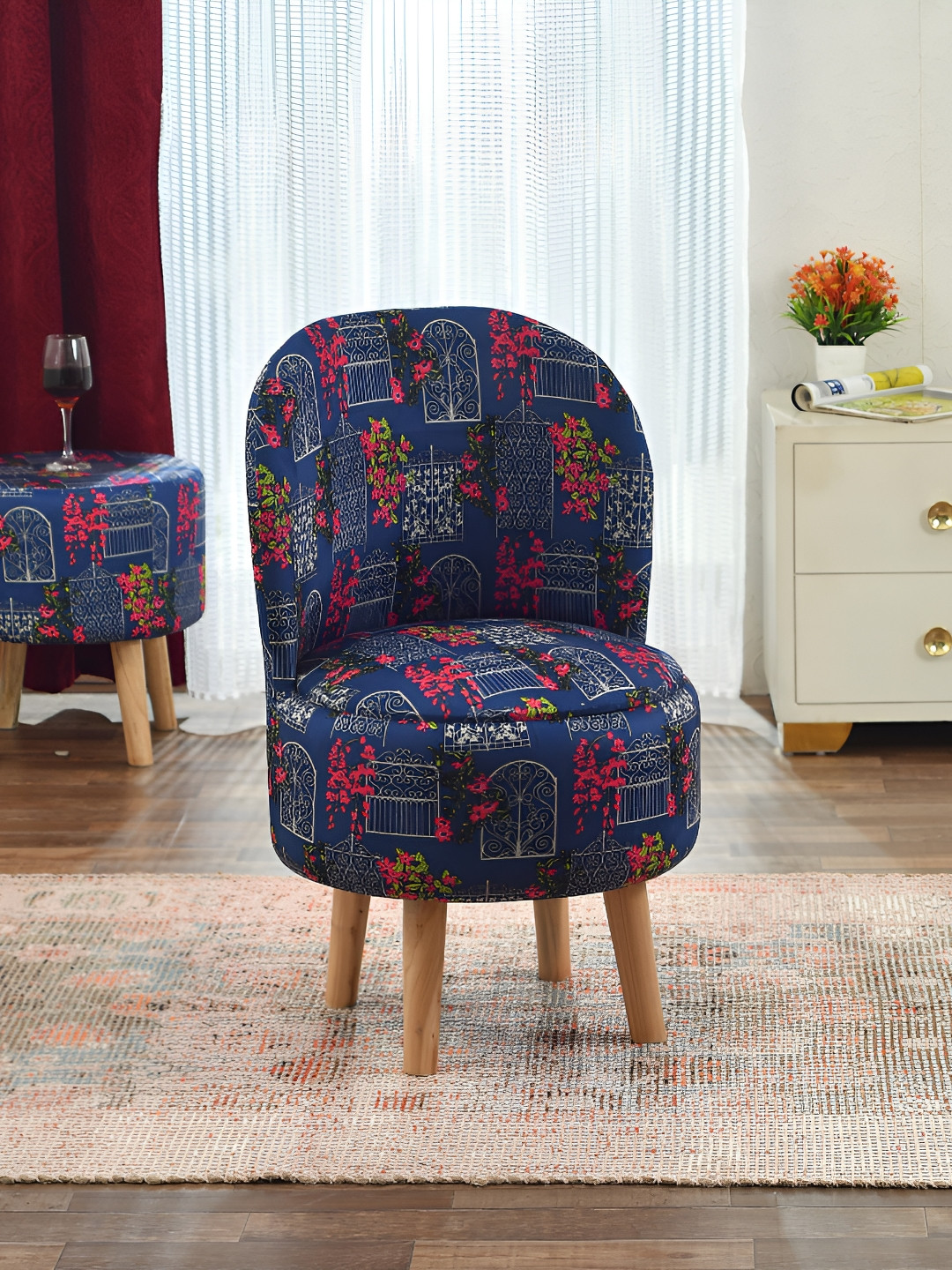 NACIA Blue & Pink Printed Wooden & Velvet Chair Pouffes Stool Ottomans