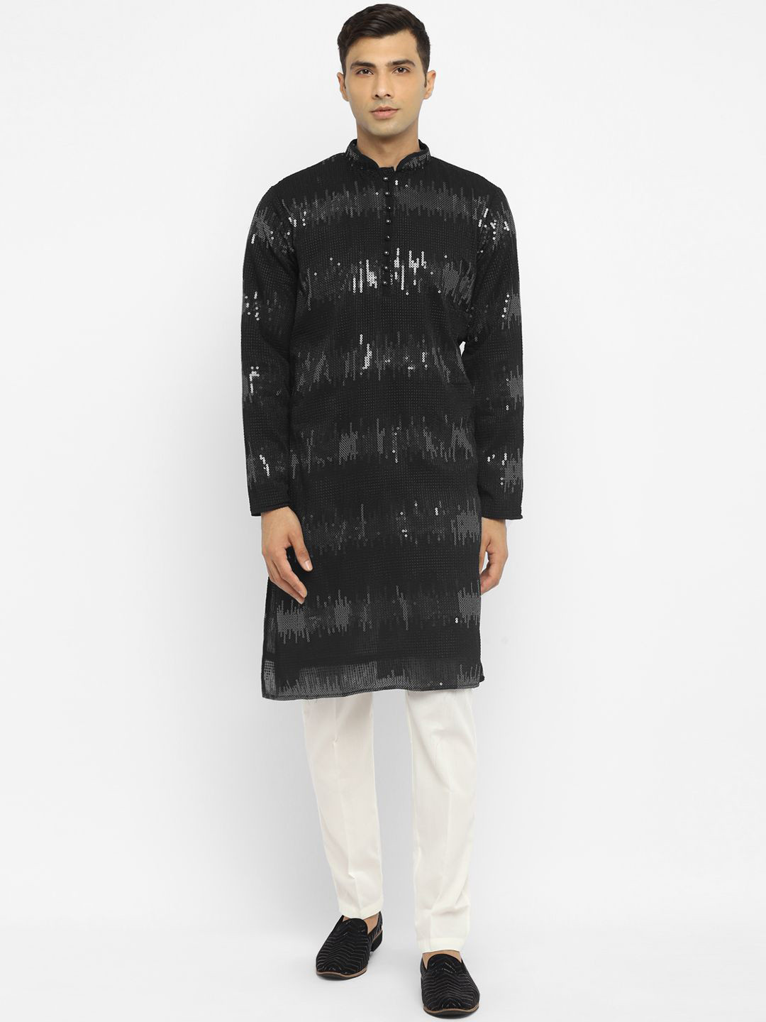 Devyom Geometric Embroidered Mandarin Collar Sequinned Georgette Kurta With Pyjamas