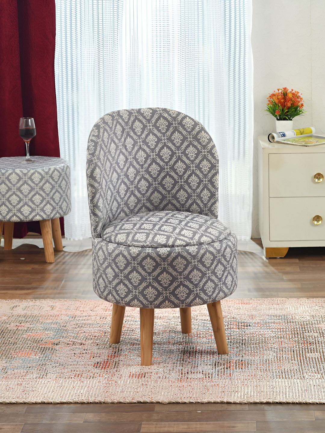 NACIA Grey & White Printed Wooden & Velvet Chair Pouffes Stool Ottomans