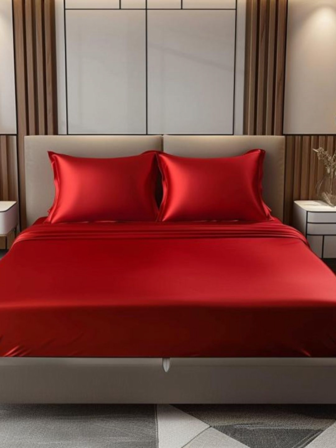 COOLBEDS Red Poly Satin 400 TC Fitted King Superfine Bedsheet with 2 Pillow Covers-72 x 80 inches