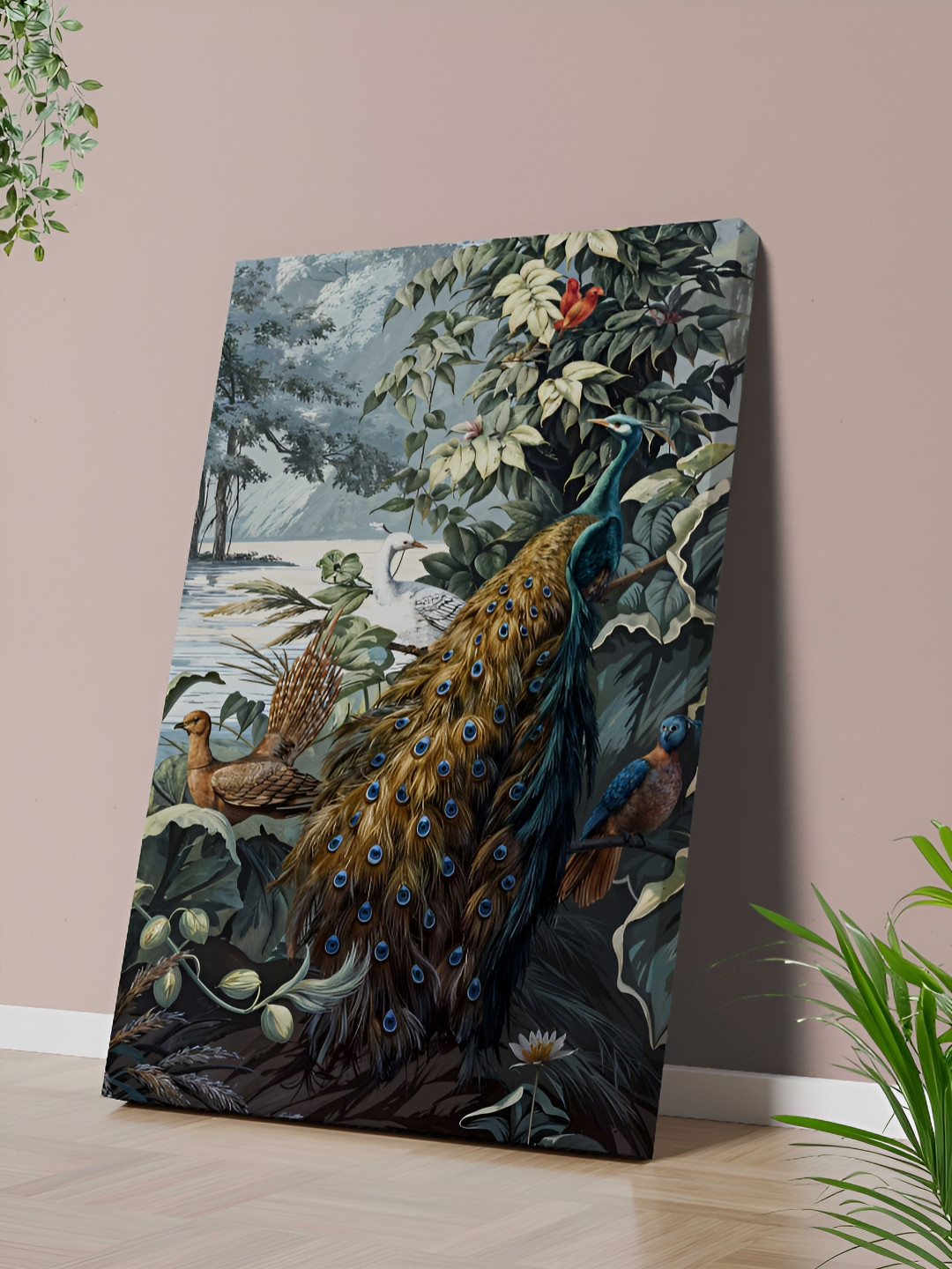 Aura Grey & White Vintage Peacock Garden Canvas Wall Art