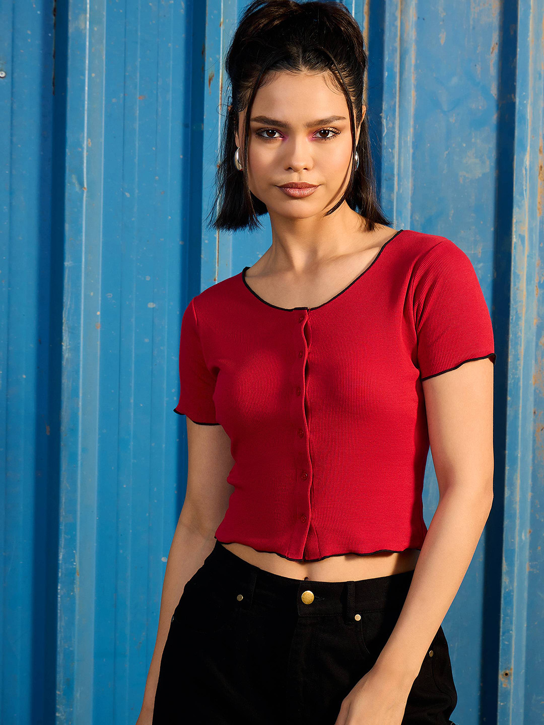 CORSICA Contrast Stitch Ribbed Crop Top