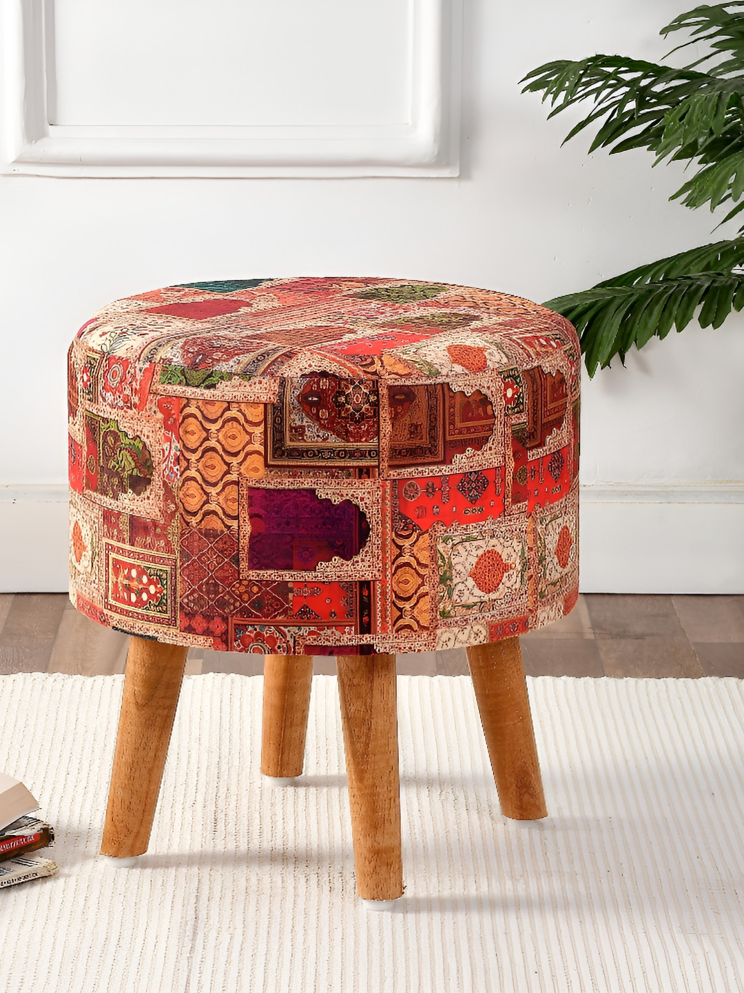 NACIA Beige & Brown Printed Wooden Ottoman Pouf Stool