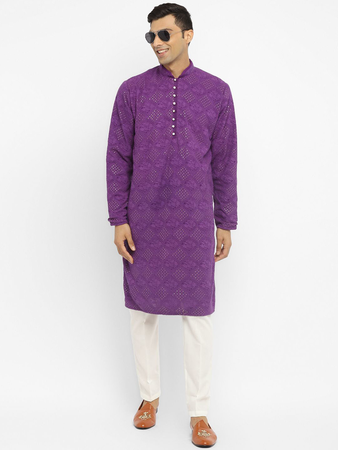 Devyom Ethnic Motifs Embroidered Mandarin Collar Sequinned Georgette Kurta With Pyjamas