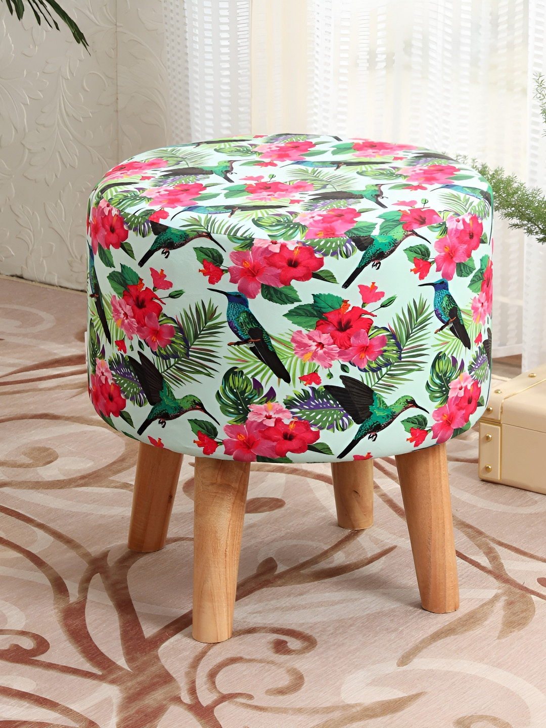 NACIA Green & Red Printed Soft Cushioned Ottoman