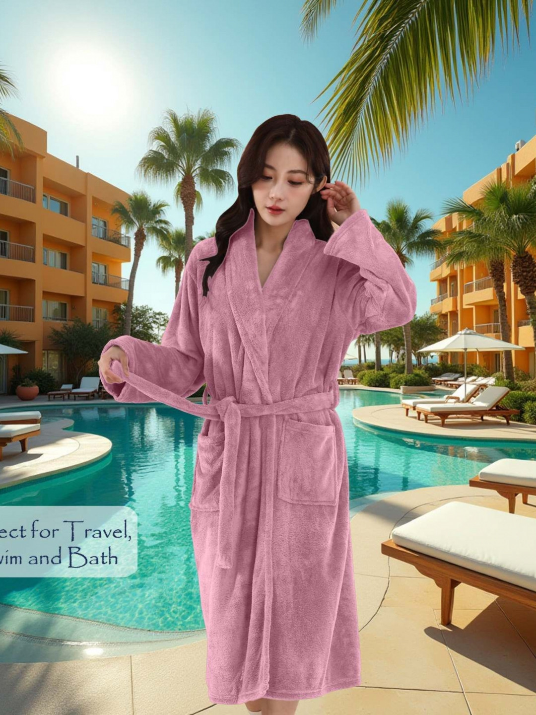 HOUSSE Magenta Solid Microfibre Drawstring Midi Bath Robe-L