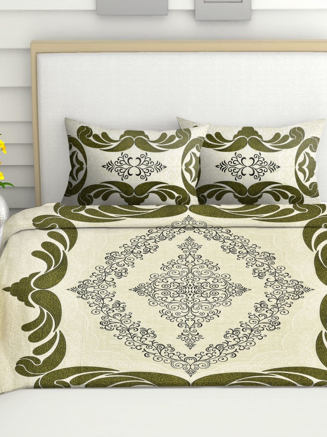 Spangle Premium Green Ethnic Motifs Cotton 280 TC King Fine Bedsheet with 2 Pillow Covers-108 x 100 inches