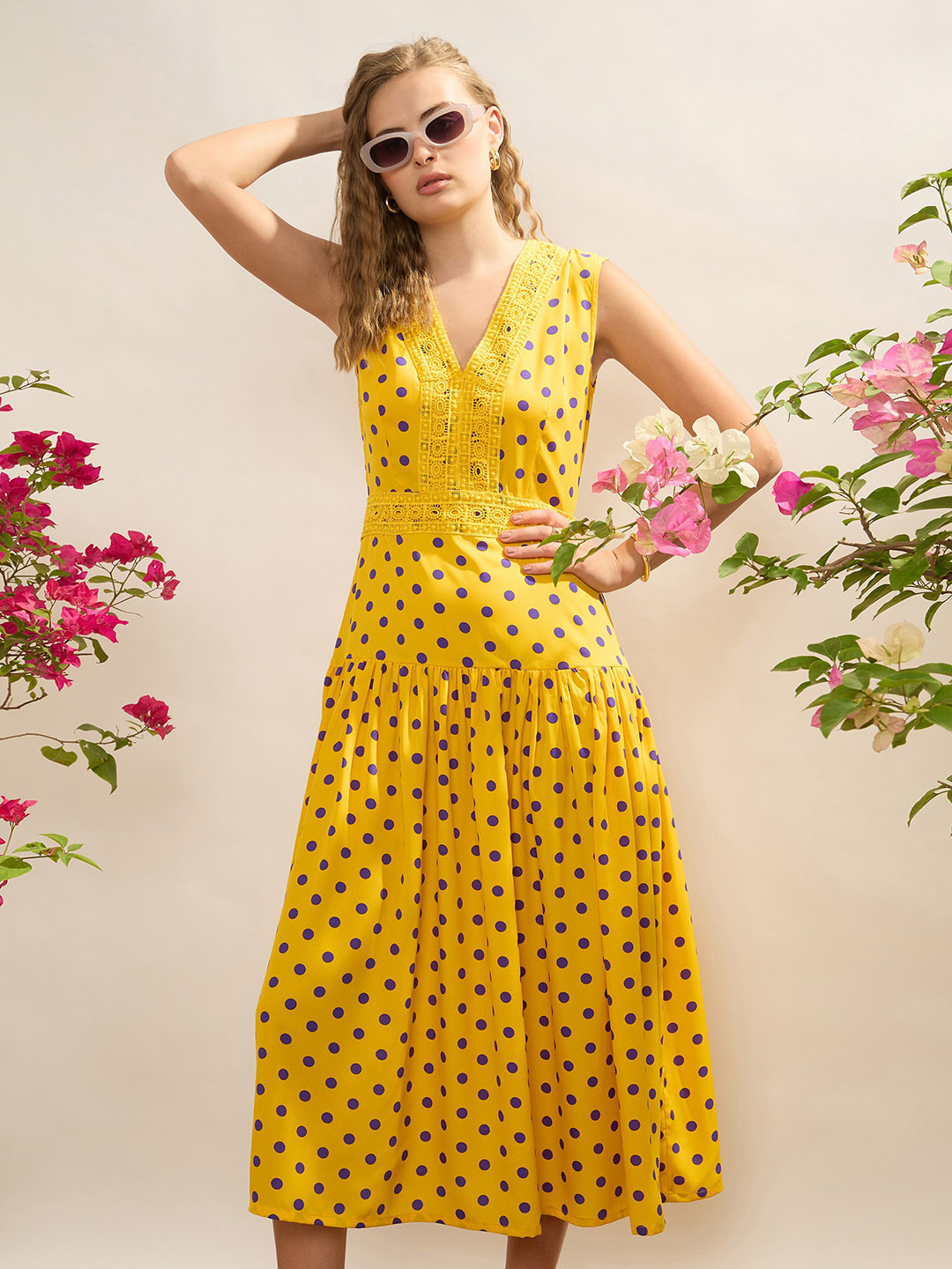 CORSICA Lace-Insert Detail Polka Dot Print Midi Drop-Waist Dress