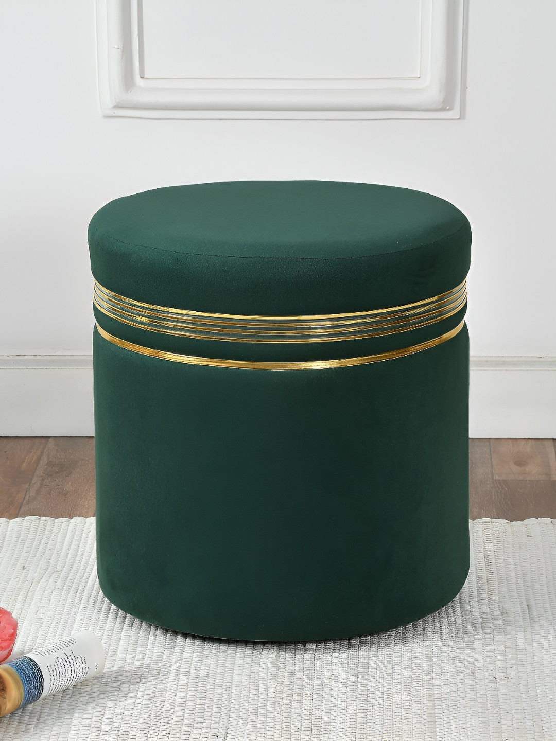 NACIA Green & Gold Round Shape Wooden Ottomans