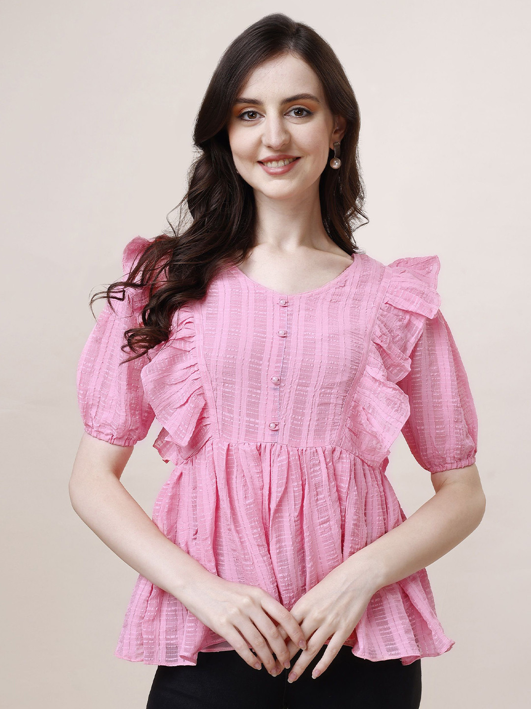 Fashion2wear Striped Puff Sleeve Georgette Top
