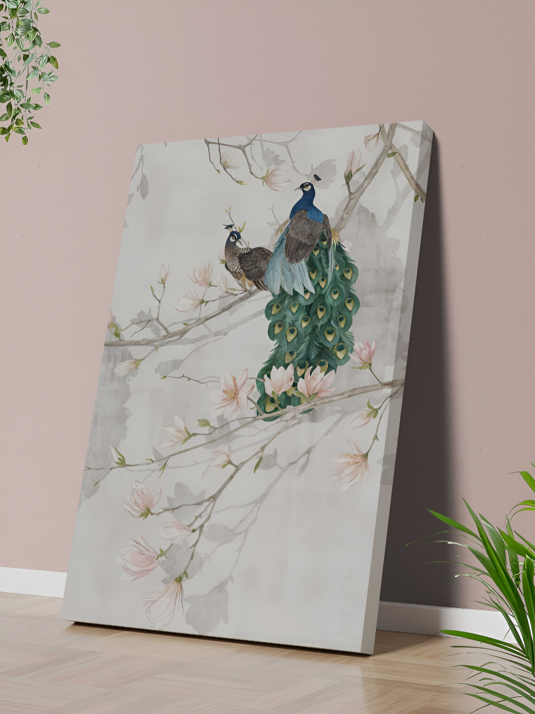 Aura White & Green Elegant Peacock Canvas Wall Art