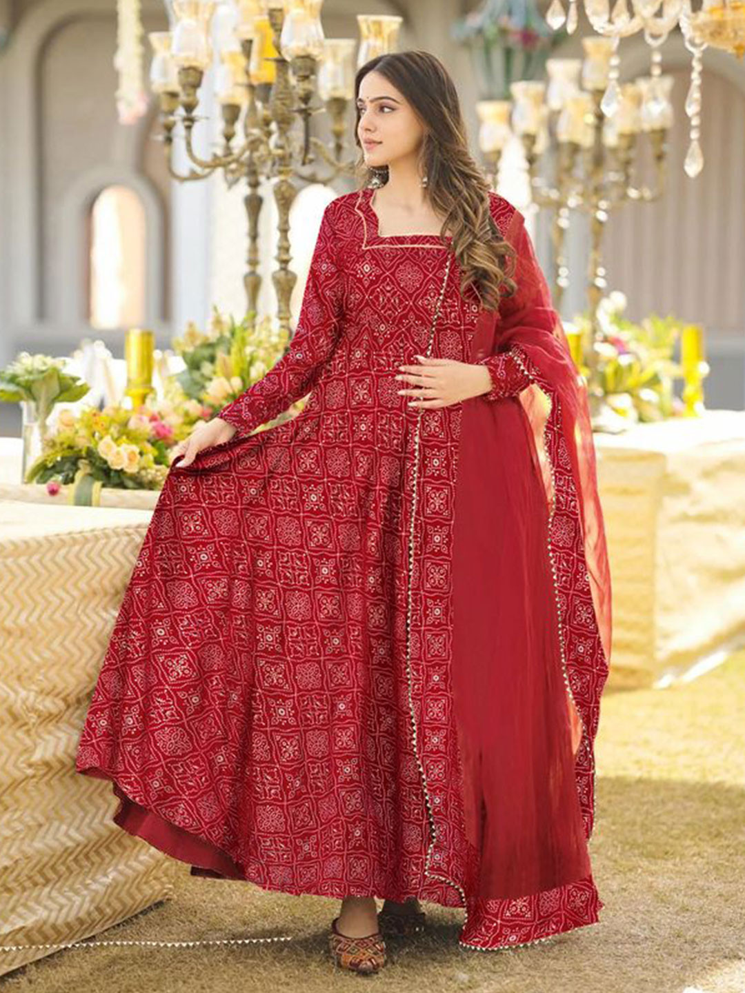 ZestLeaf Bandhani Printed Cotton Anarkali Kurta With Dupatta