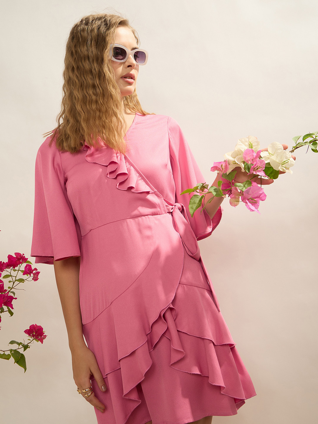 CORSICA Flared Sleeves Ruffled Mini Wrap Dress