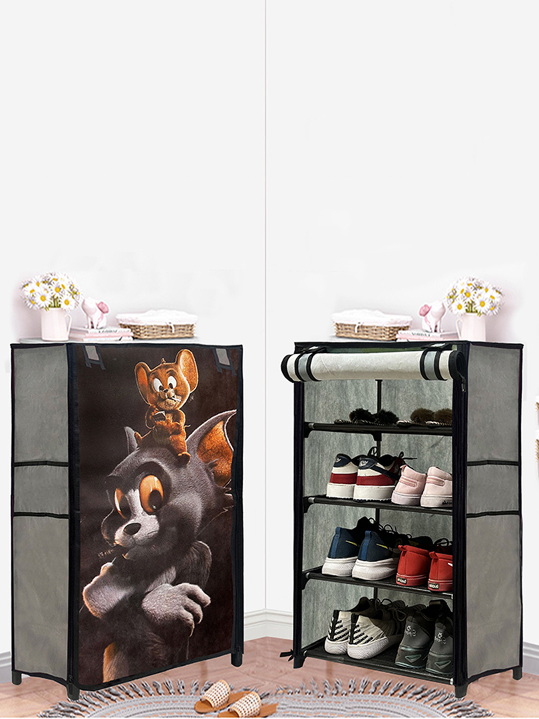 Rmerchants Grey & Black Tom & Jerry Printed 4-Tier Shoe Racks