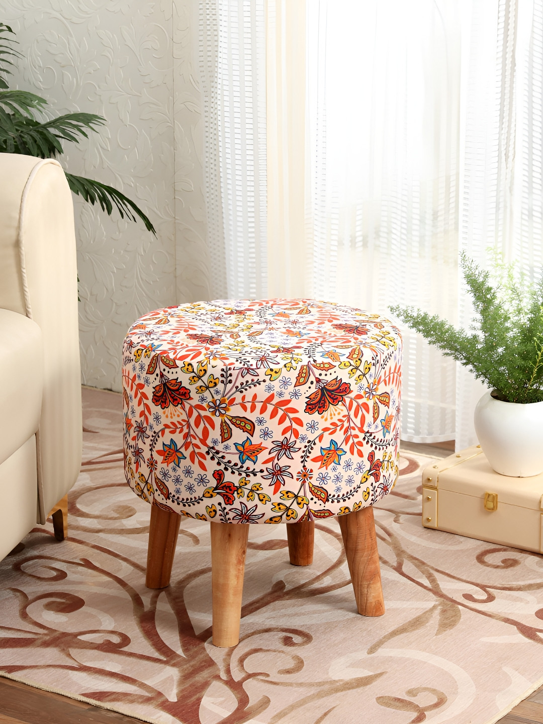 NACIA Pink & Orange Printed Wooden & Velvet Round Pouffes Stool Ottomans