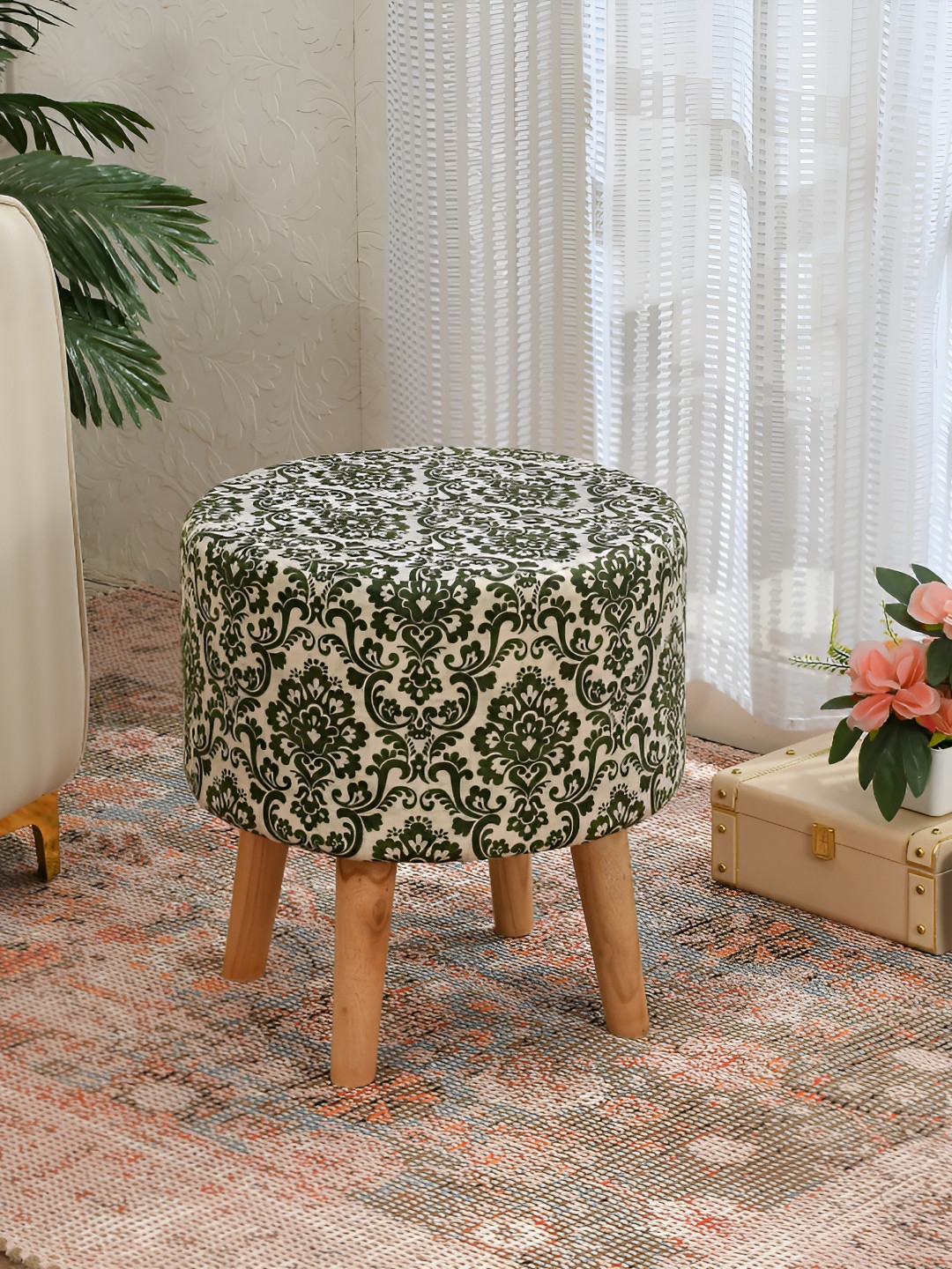 NACIA Green & Beige Printed Ottoman Pouffes Stool