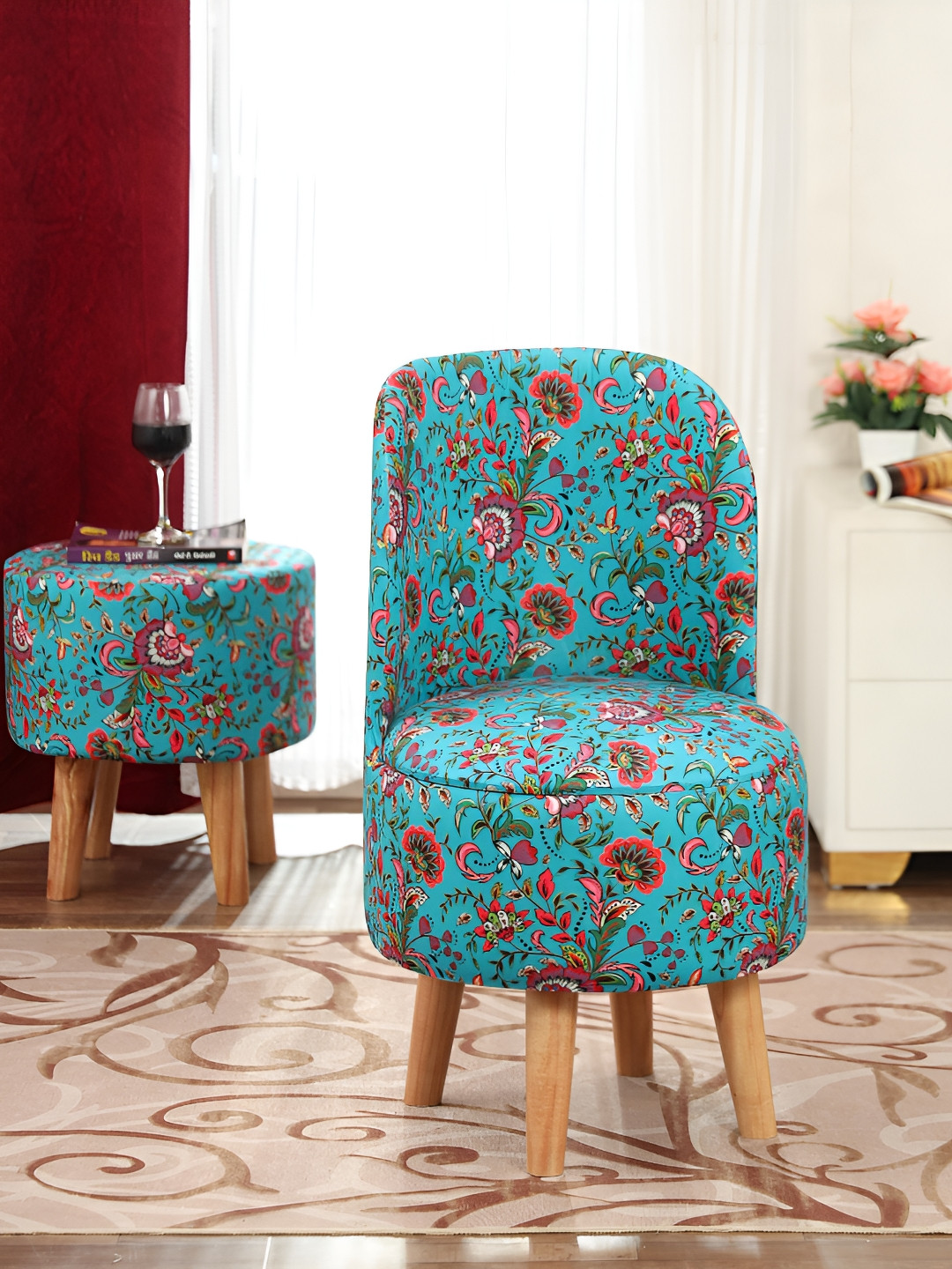NACIA Blue & Pink Floral Printed Ottoman Pouffes Chair