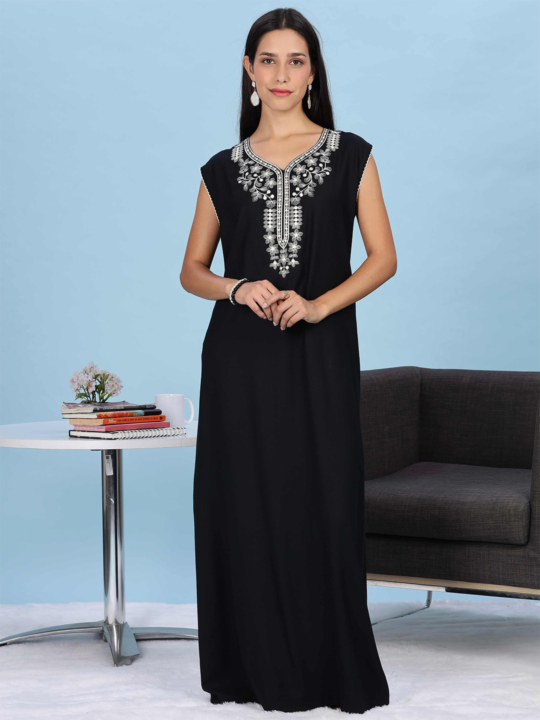 9shines Label  Solid Embroidered Maxi Nightdress with Extra Sleeves