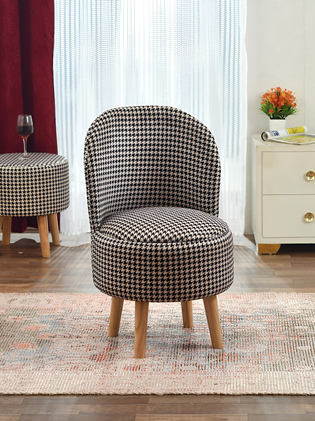 NACIA Black & Beige Geometric Printed Cylindrical Shape Wooden Ottomans