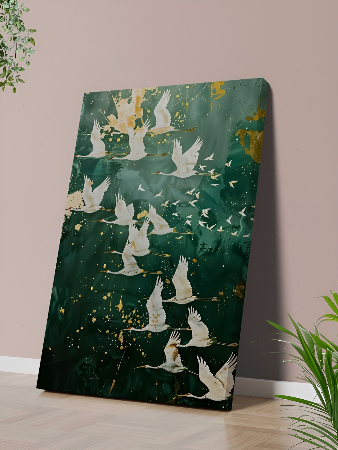 SAF White & Green Flying Cranes Canvas Birds and Animals Wall Painting