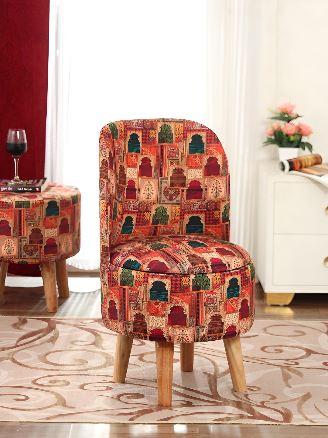 NACIA Beige & Red Printed Wooden & Velvet Chair Pouffes Stool Ottomans