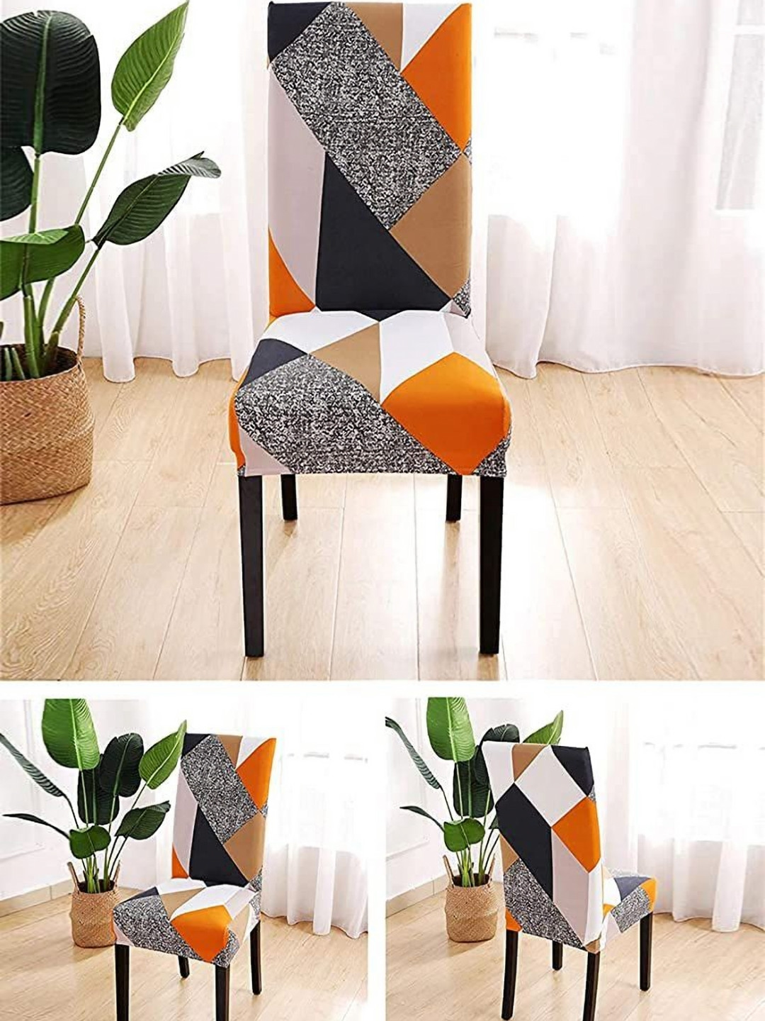 Bajo's Black & Orange 6 Pieces Printed Super Stretchable Chair Covers
