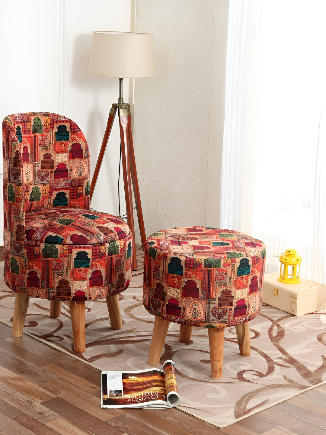NACIA 2-Piece Beige & Red Printed Ottoman Pouffe Stool