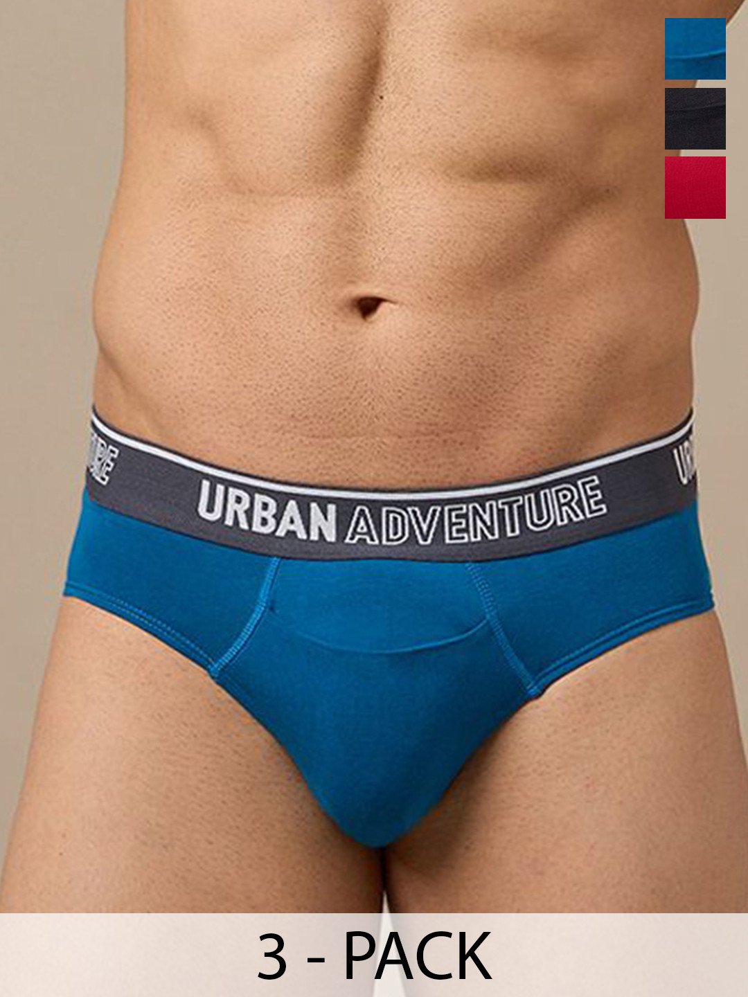 URBAN ADVENTURE Men Pack Of 3 Anti-Bacterial Basic Briefs  3P-UAM-006(BLK-RED-LAG)
