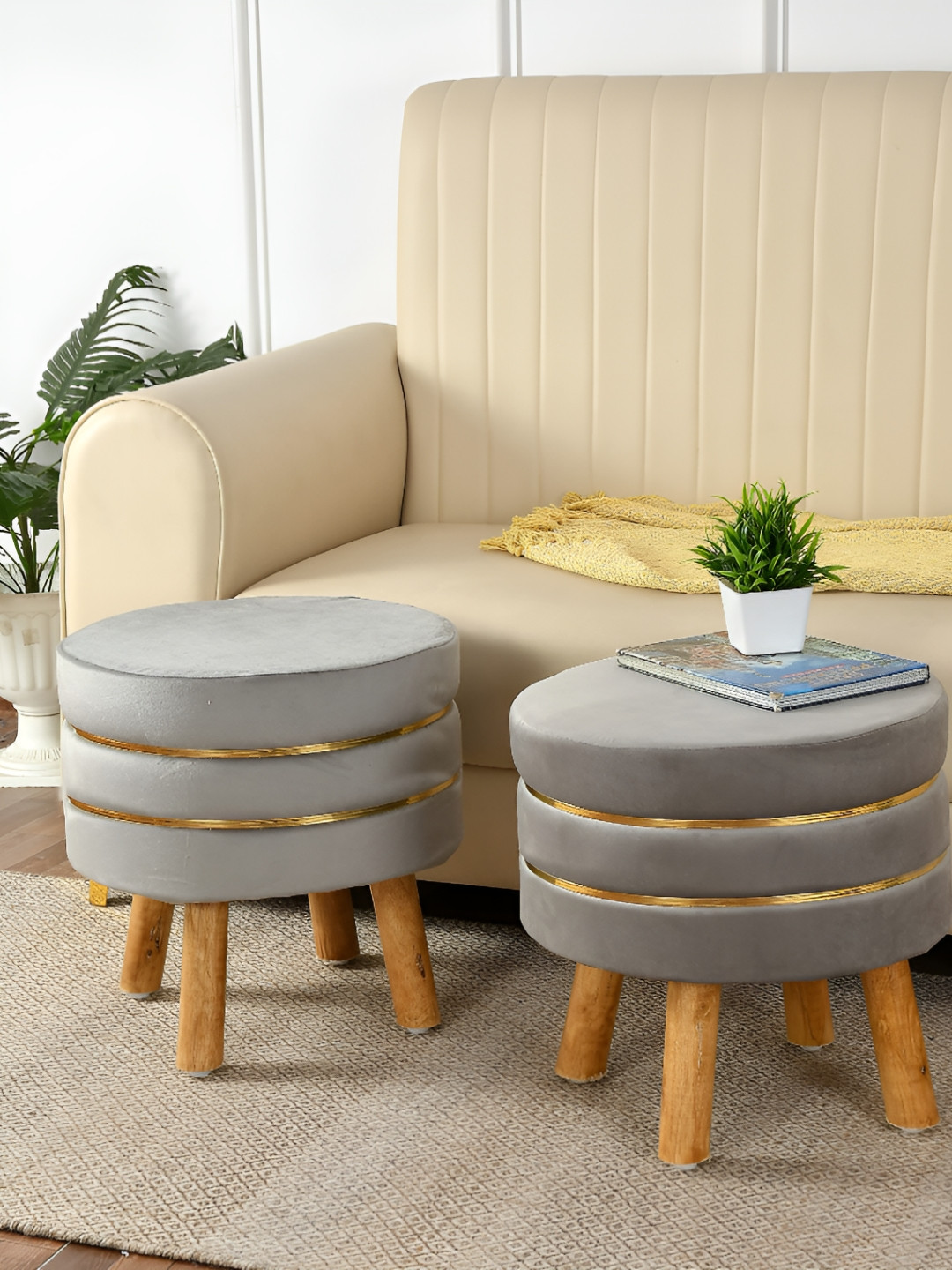 NACIA Grey & Gold-Toned 2 Pieces Textured Wooden & Velvet Pouffes Stool Ottomans