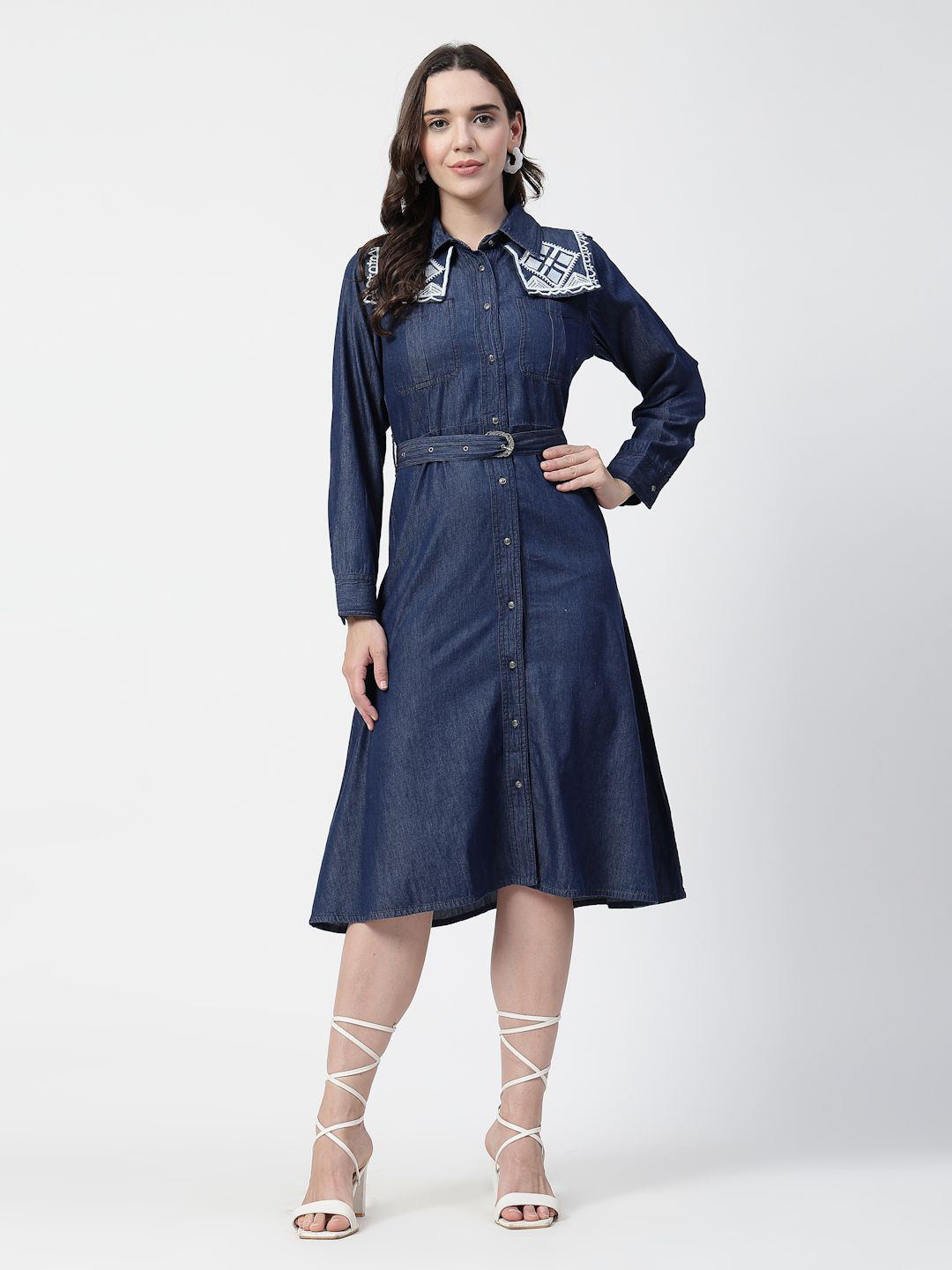 COSMIC TRIO Ethnic Motifs Embroidered Denim Shirt Midi Dress