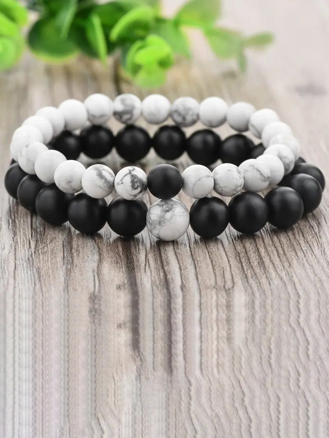 DIVASTRI Unisex Set of 2 Silver-Plated Beaded Adjustable Elasticated Bracelets