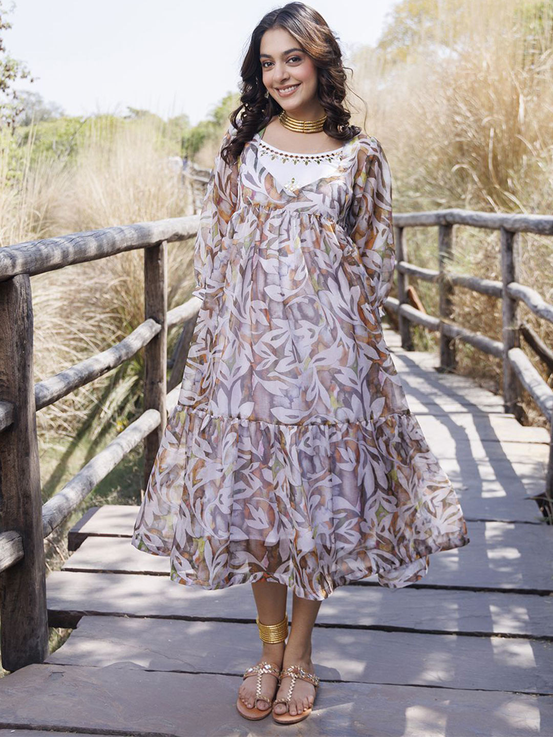 Ragavi Floral Printed Organic Cotton A-Line Midi Dress