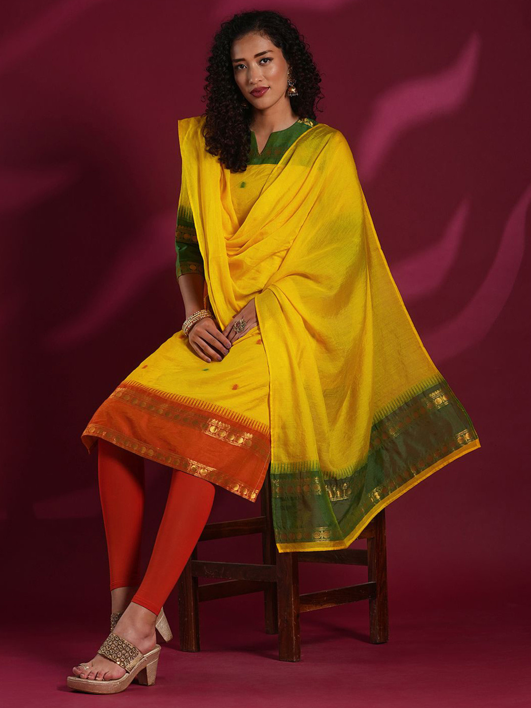 Anni Designer Women's Yellow Rayon Blend Woven Design Straight Kurta With Dupatta