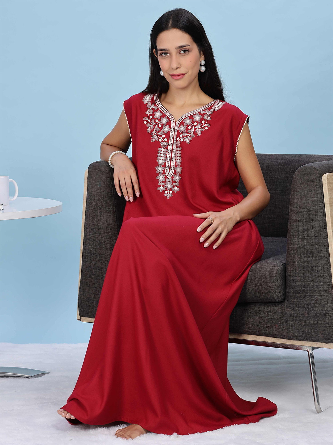 9shines Label  Solid Embroidered Maxi Nightdress with Extra Sleeves