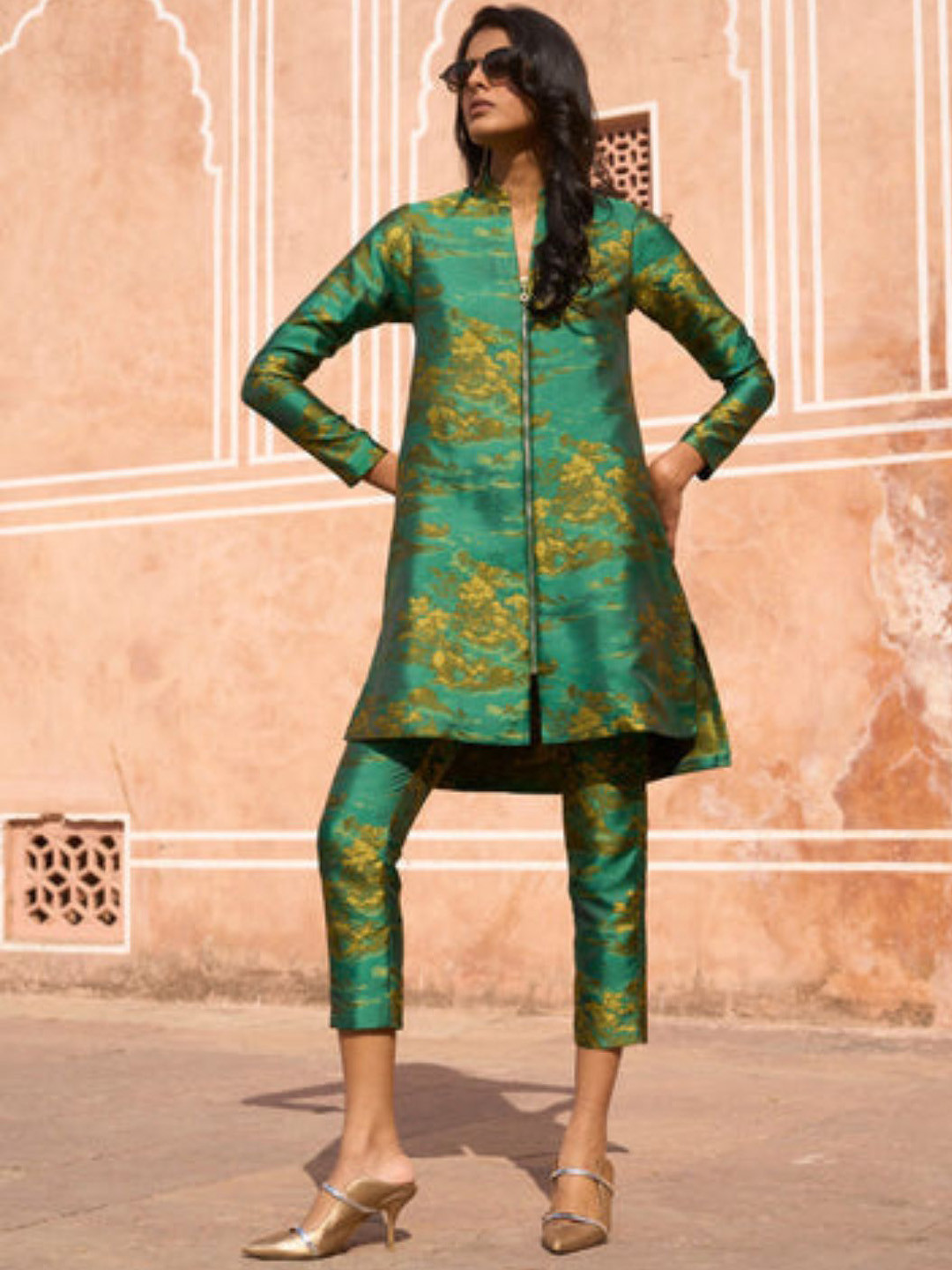 Dash and Dot Patterned Brocade Longline Top & Pant Co-Ords