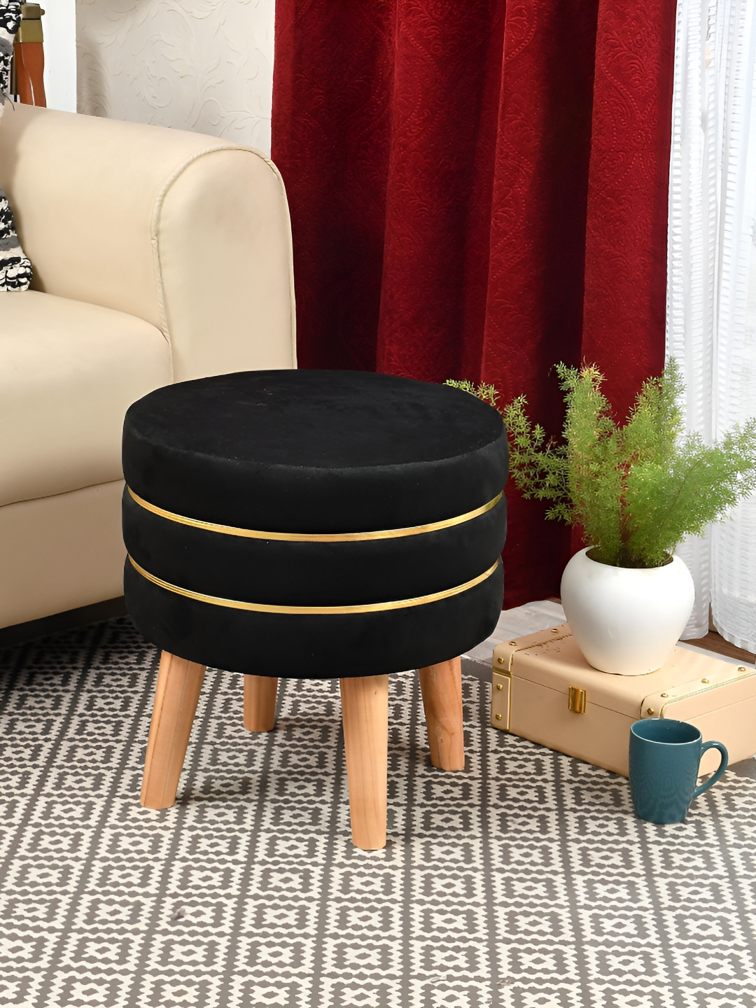 NACIA Brown & Gold Round Shape Wooden Ottomans
