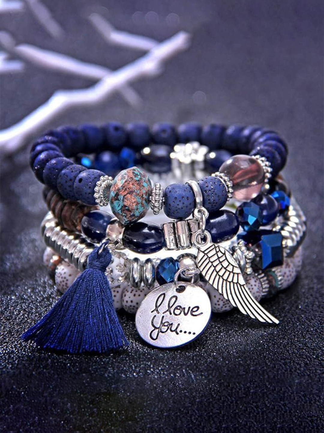DIVASTRI Set of 4 Silver-Plated Beaded Elasticated Bracelets