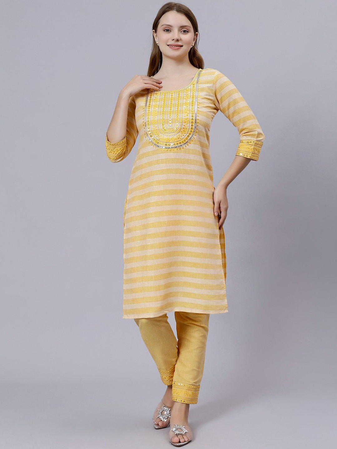MORDEN MUSE Geometric Ethnic Motifs Embroidered Mirror Work Kurta with Trouser