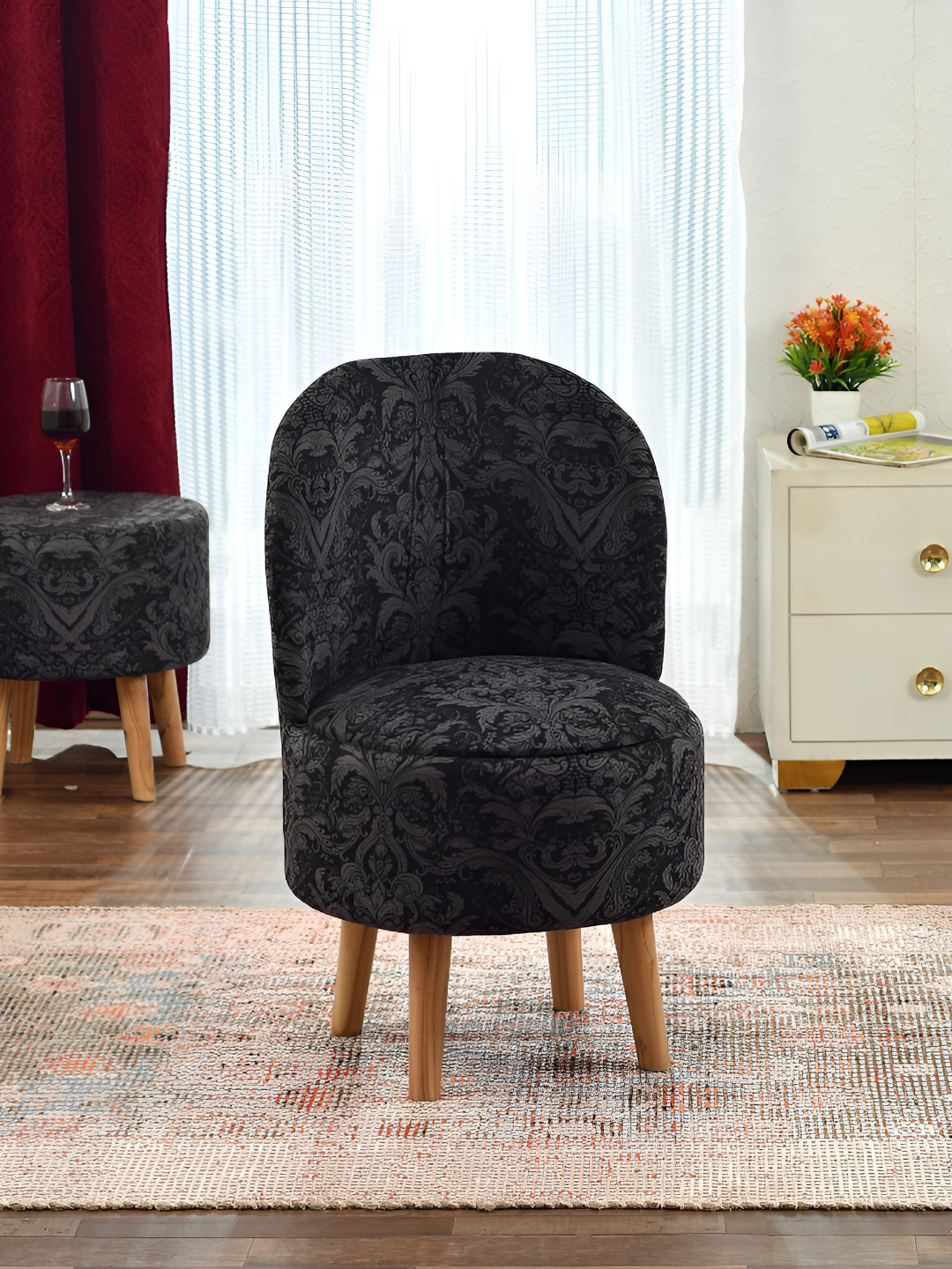 NACIA Black & Brown Printed Wooden Round Chair Ottoman