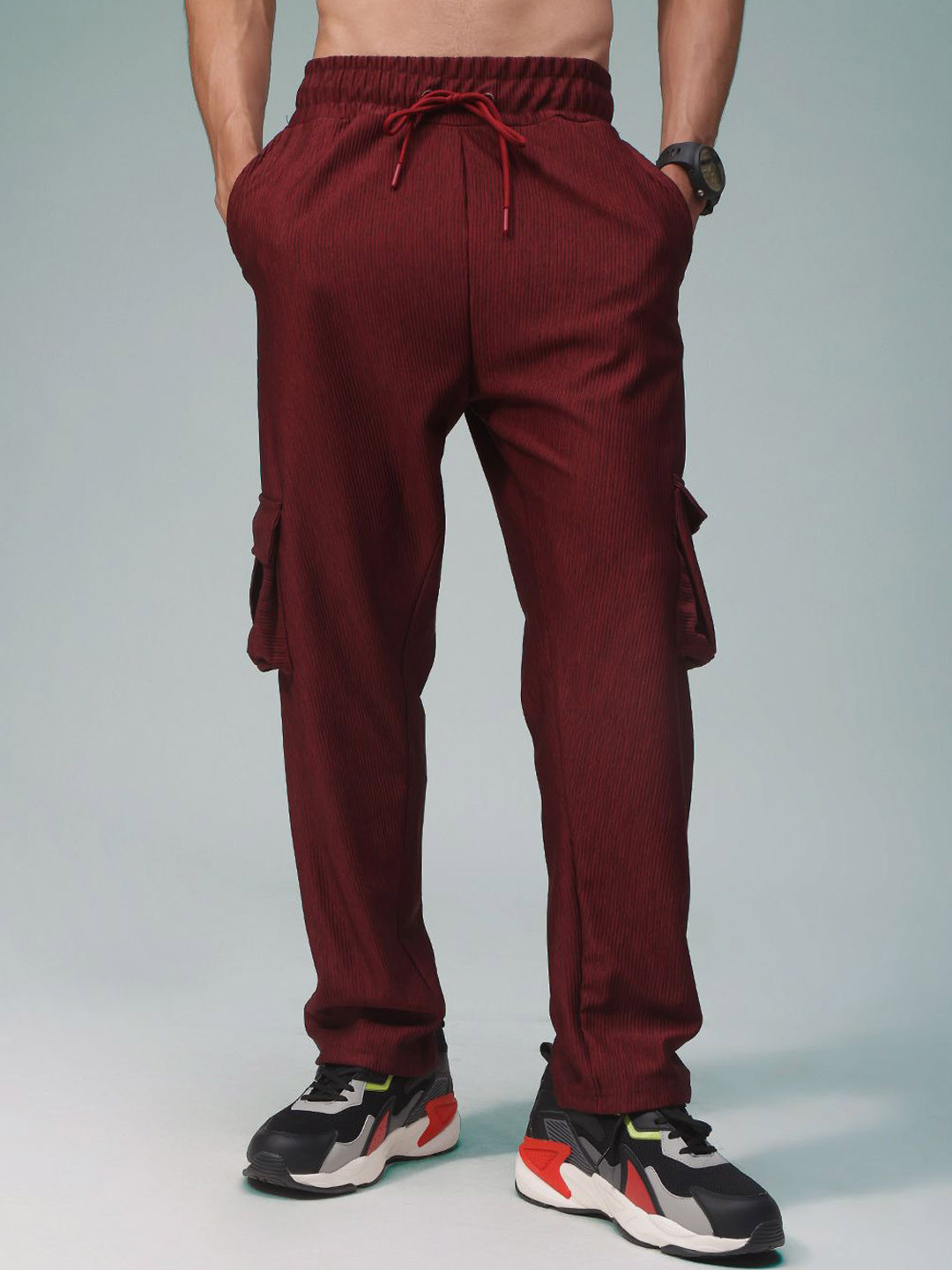 MADSTO Men Ribbed Straight Fit Cotton Cargos