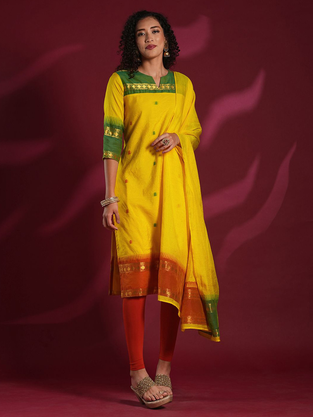 Anni Designer Women's Yellow Rayon Blend Woven Design Straight Kurta With Dupatta